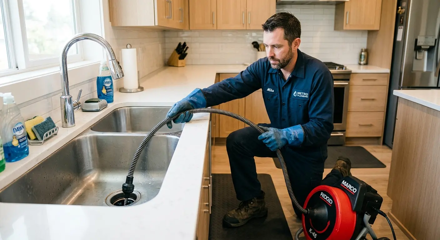 Drain cleaning technician using a motorized snake on a kitchen sink in Swanzey