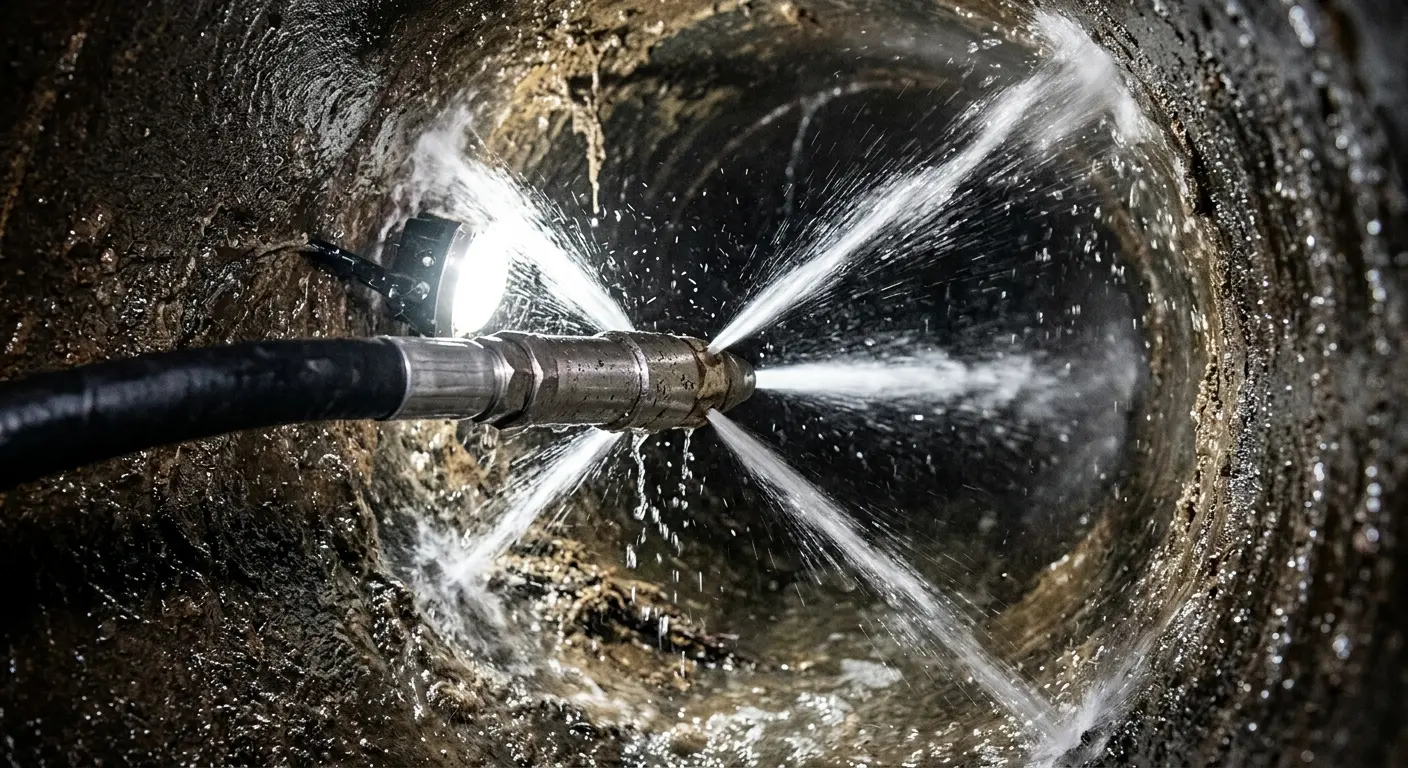 High-pressure hydro jetting nozzle cleaning sewer pipe for Trenchless Sewer Repair in Swanzey