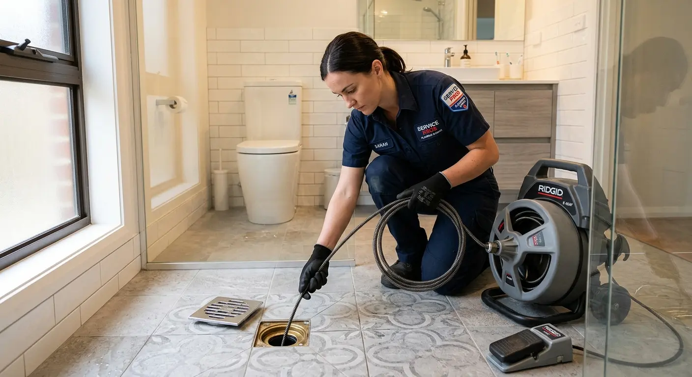 Technician clearing a bathroom floor drain for Drain Repair in Swanzey